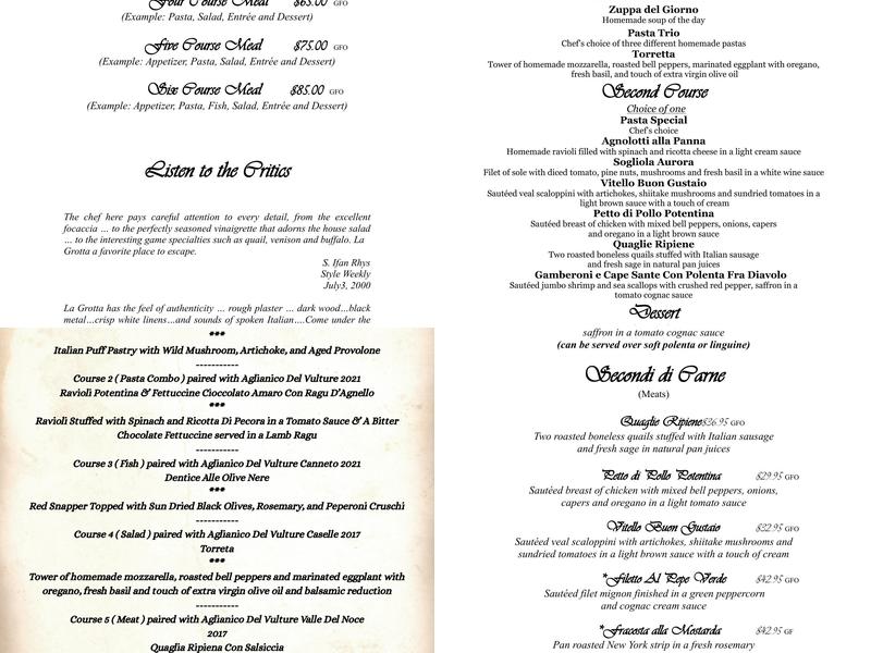 La Grotta Ristorante Menu