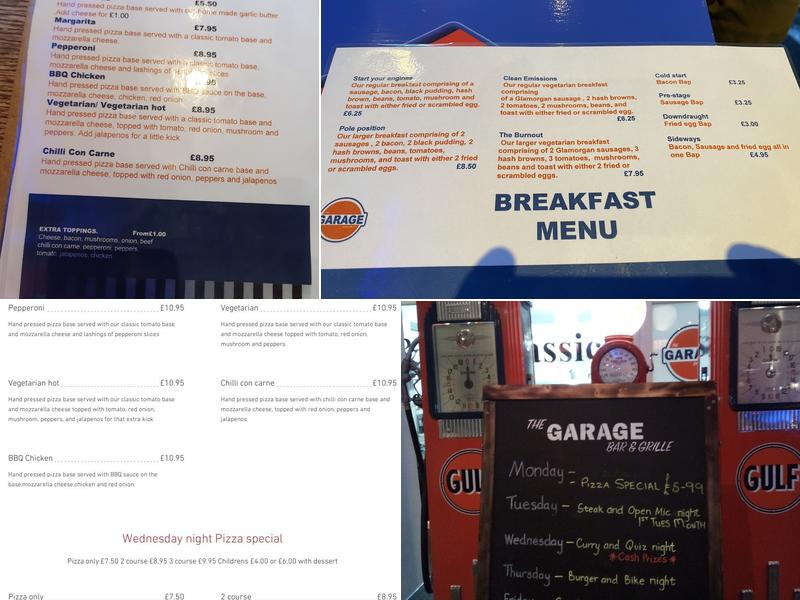 The Garage bar and grille Menu