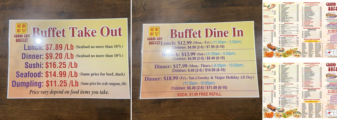 Grand East Buffet Menu