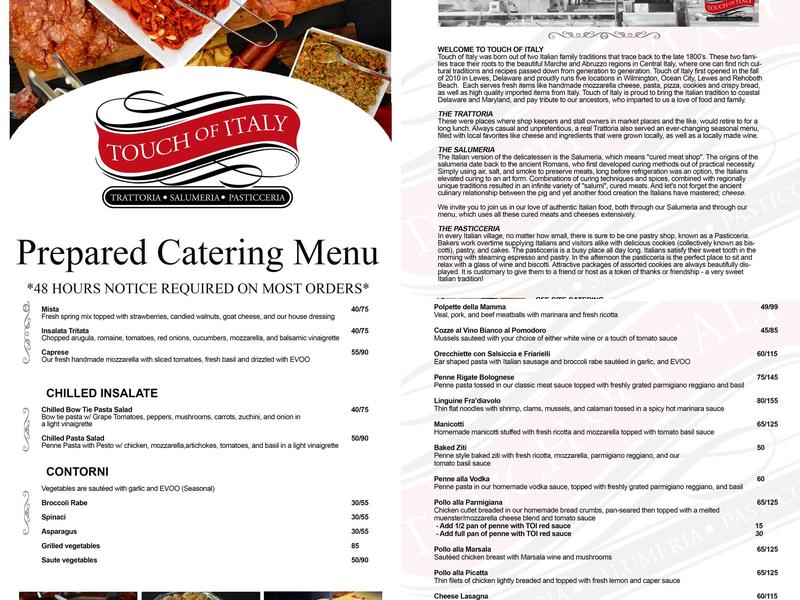 Touch of Italy Wilmington Menu