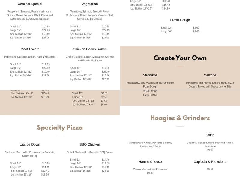 Cenzo's Pizzeria Menu