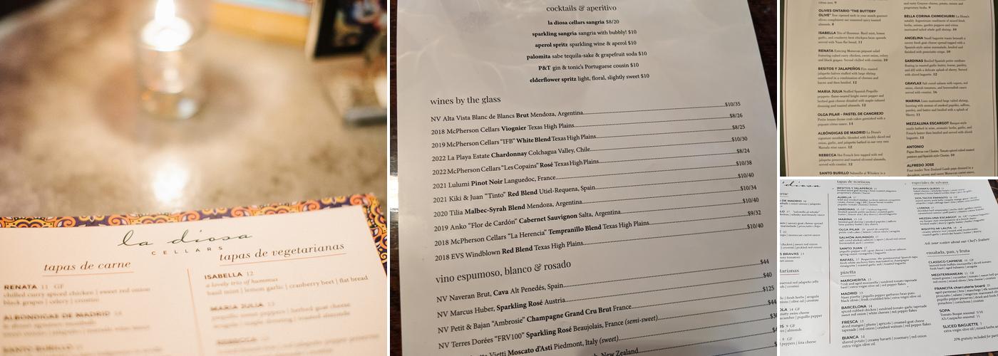 La Diosa Cellars Menu