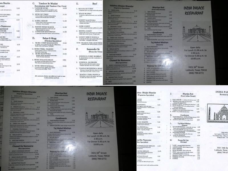 India Palace Menu