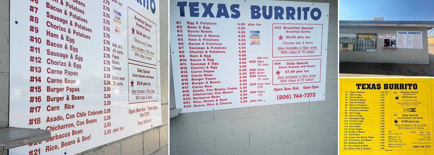 Texas Burrito Menu