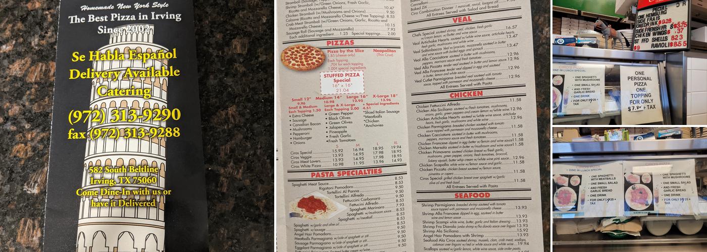Ciros Pizzeria Menu