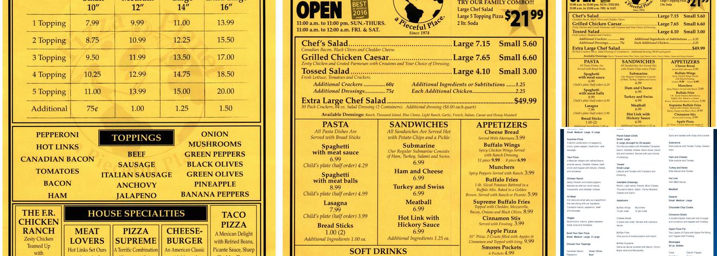 Pizza Planet Menu