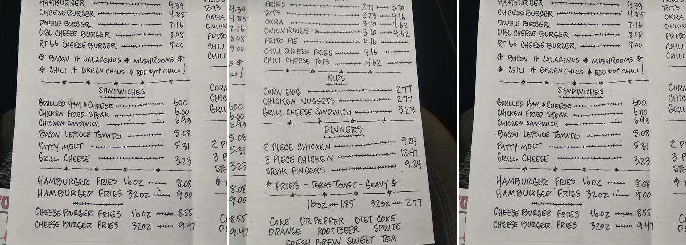 Daniel's Drive In Menu