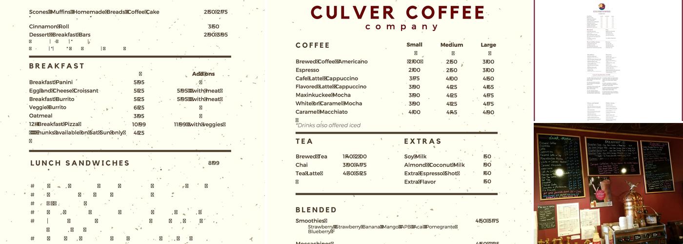 Culver Coffee Company Menu