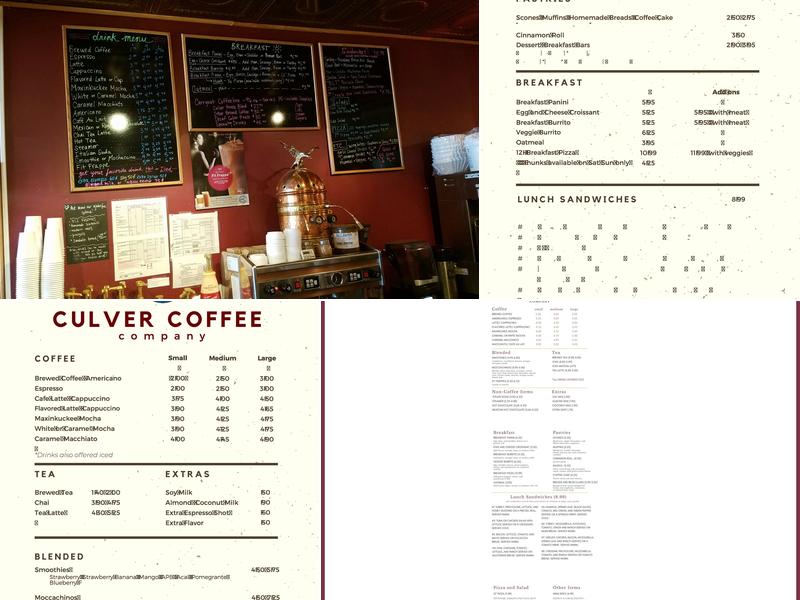 Culver Coffee Company Menu