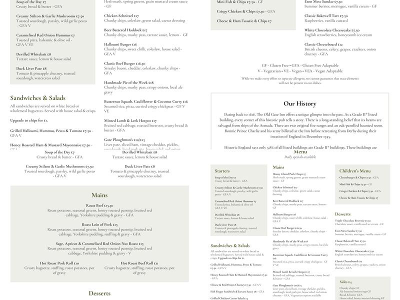 Ye Olde Gate Inn Menu