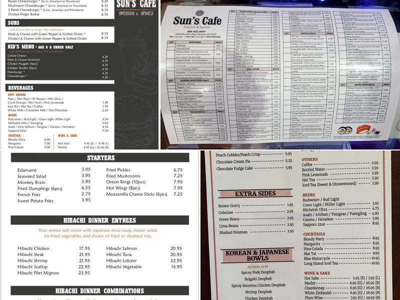 Sun's Cafe Menu