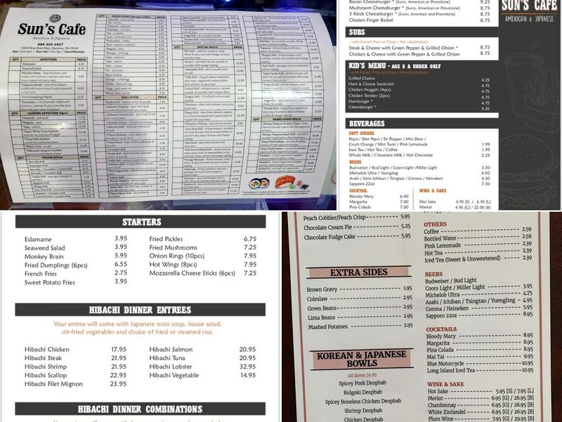 Sun's Cafe Menu