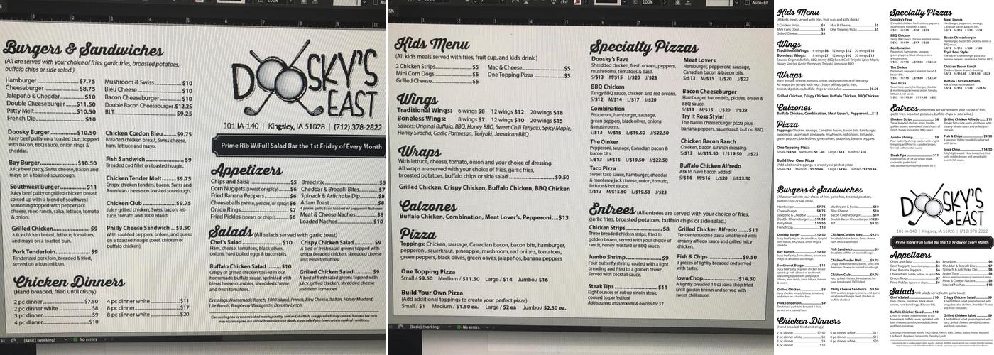 Doosky's East Menu