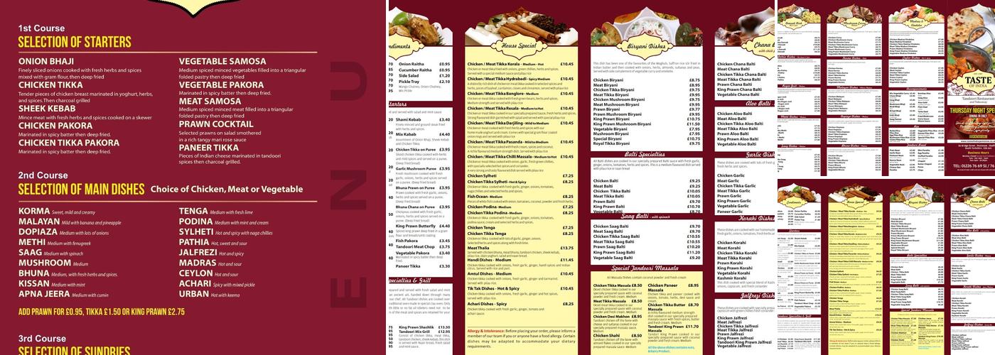 Taste Of India Penistone Menu