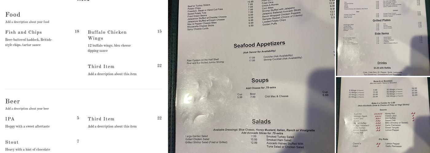 Classic's Bar & Grill Menu