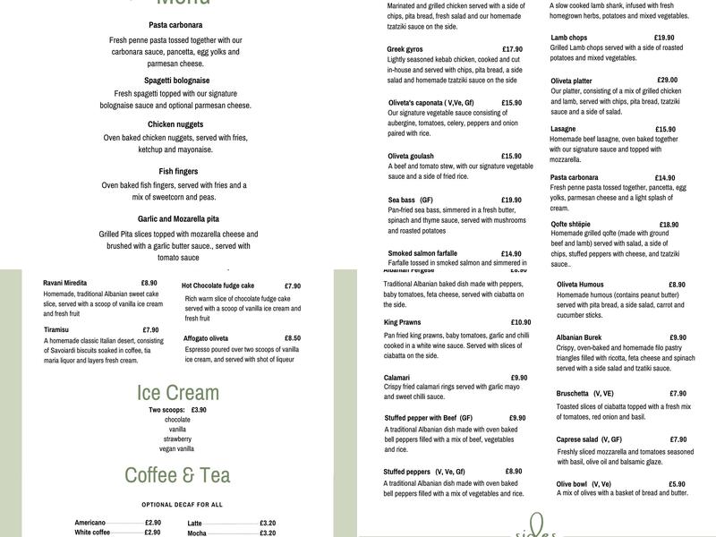 Oliveta Harrogate Menu