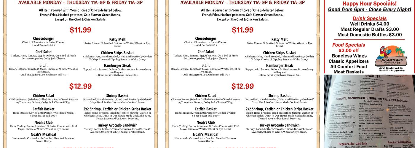 Noah's Ark Restaurant & Palapa Bar Menu