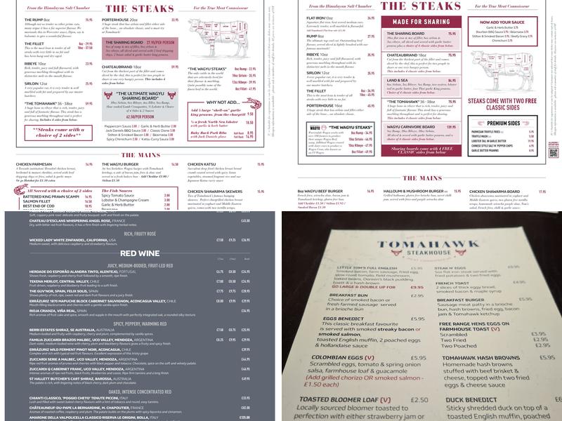 Tomahawk Steakhouse Darlington Menu