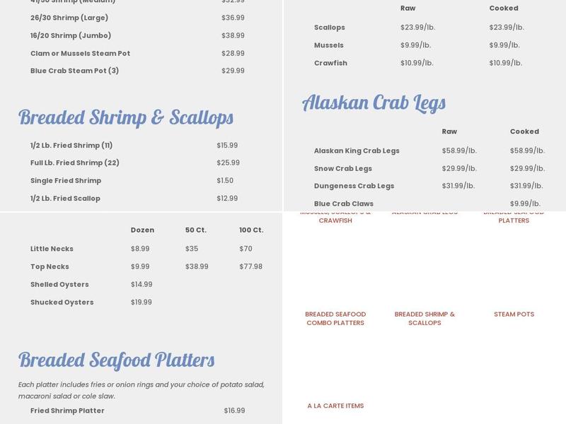 Capt Zeak's Crab House and Seafood Menu