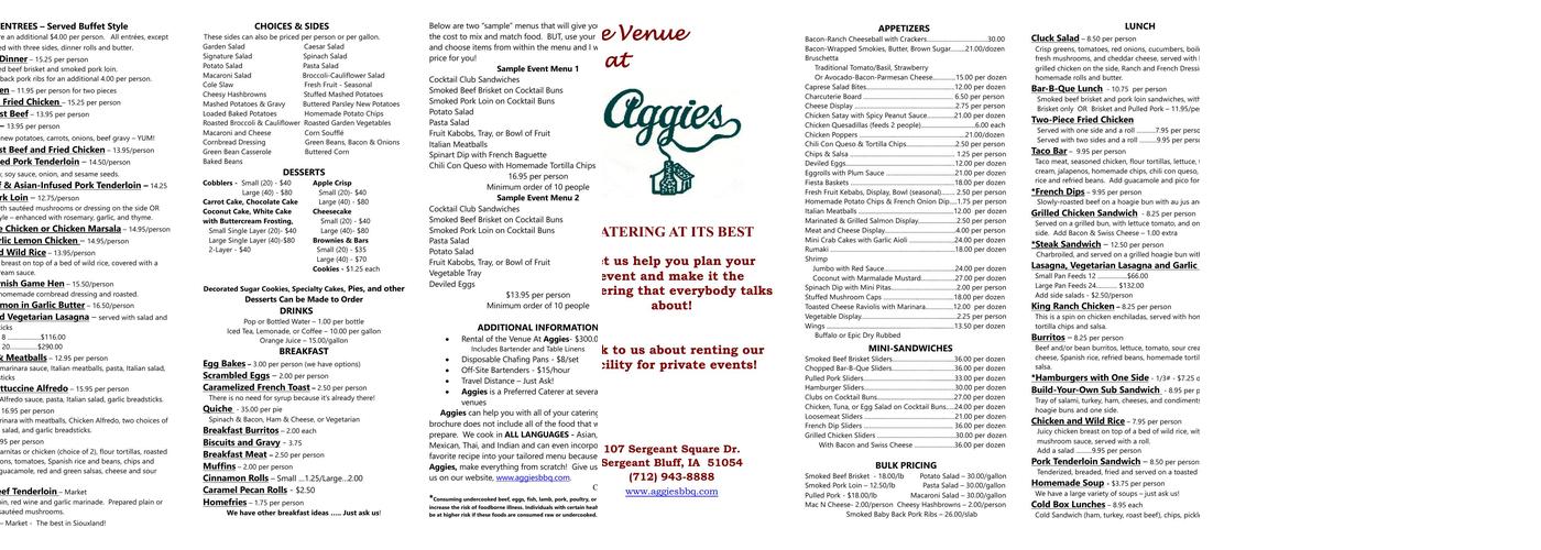Aggies Catering Specialists Menu