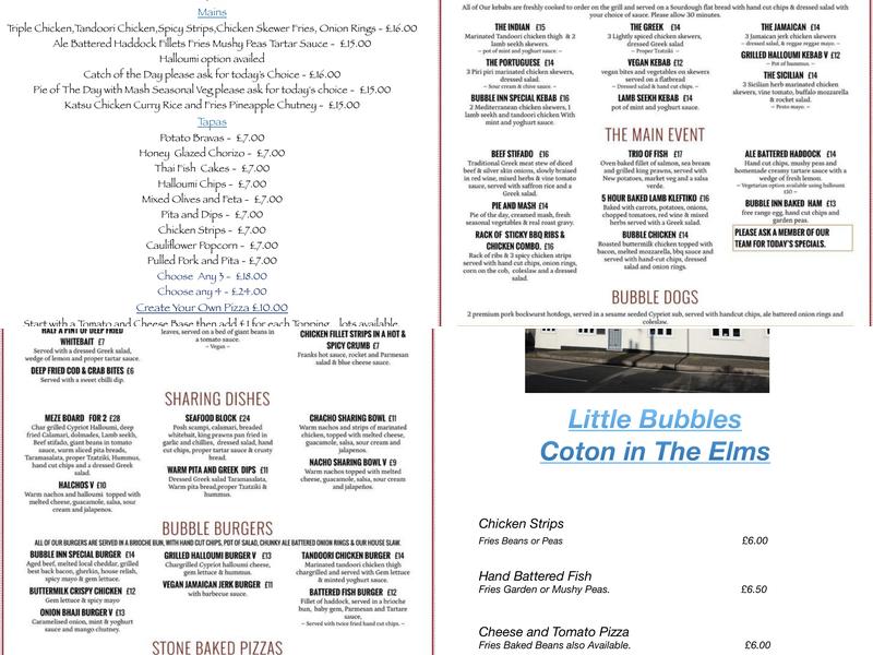 The Bubble Inn Coton in the Elms Menu