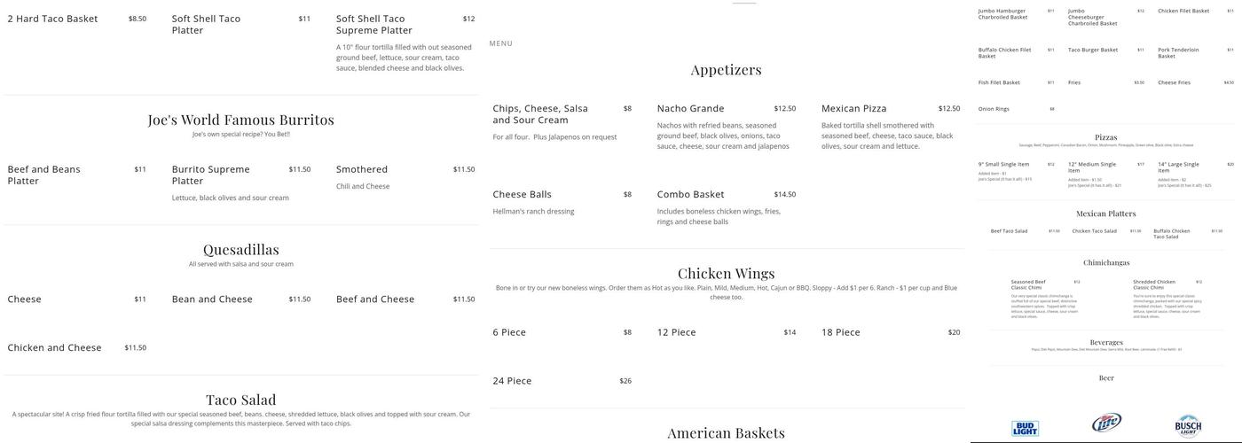 Joe's Knight Hawk Restaurant Menu