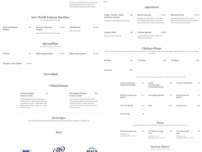 Joe's Knight Hawk Restaurant Menu