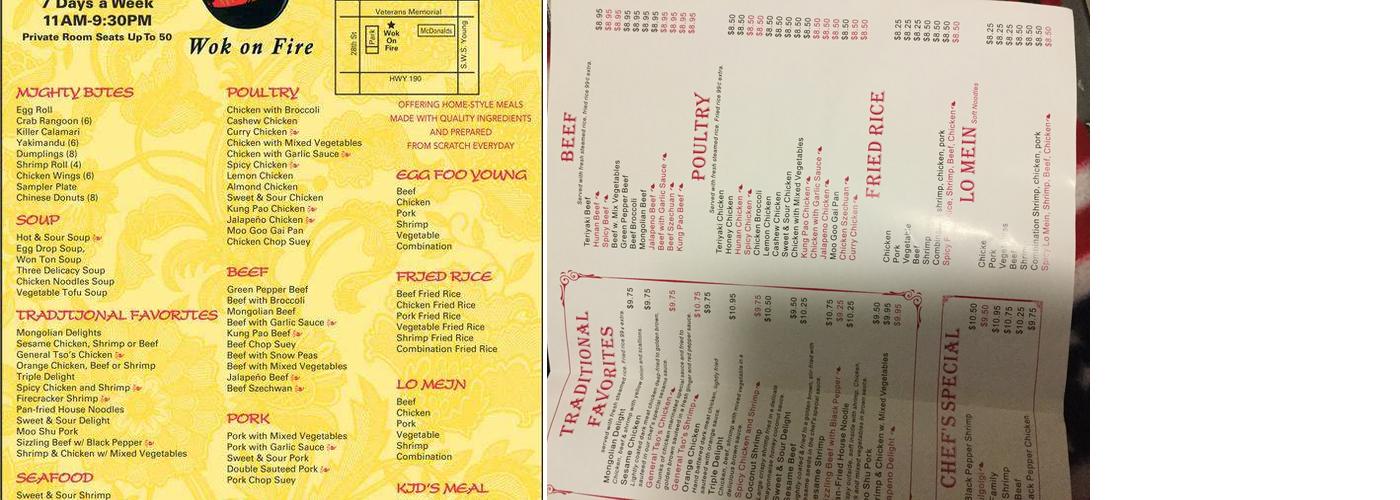 Wok On Fire Chinese Restaurant Menu