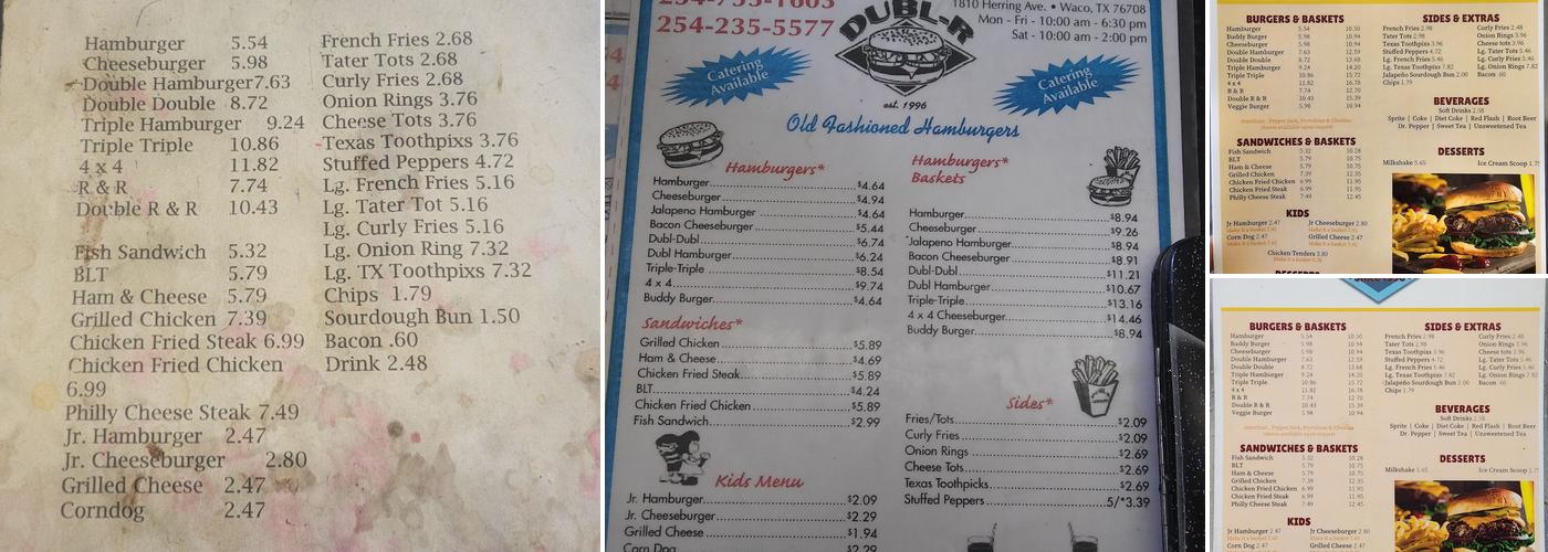 Dubl-R Old Fashioned Hamburgers Menu
