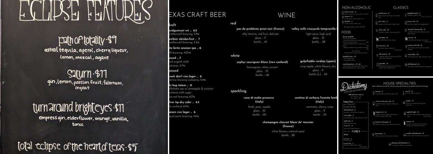 Dichotomy Coffee & Spirits Menu