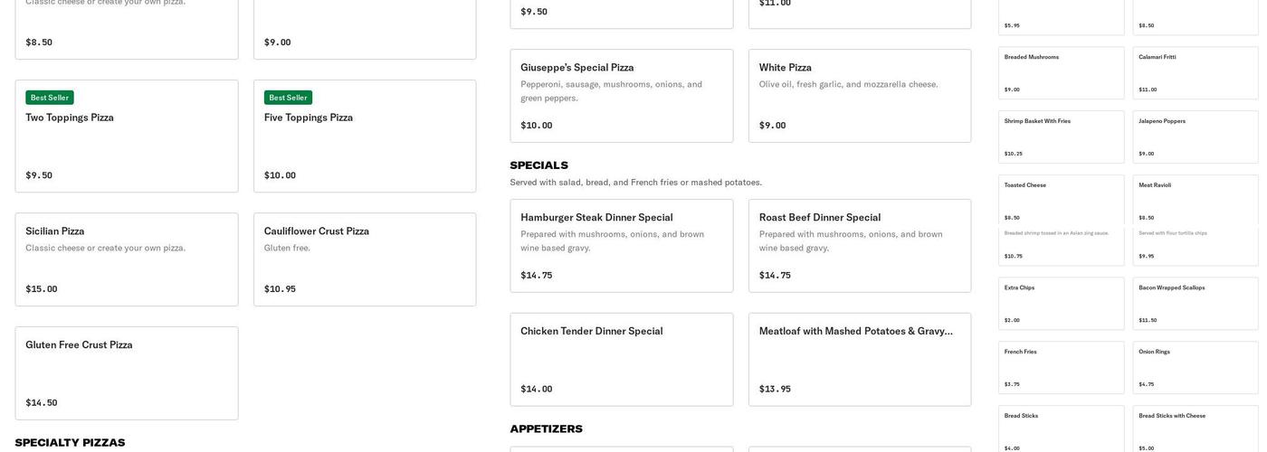 Giuseppe's Pizza Menu