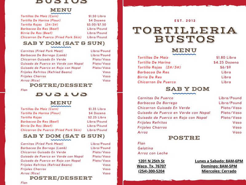 Tortilleria Bustos Menu