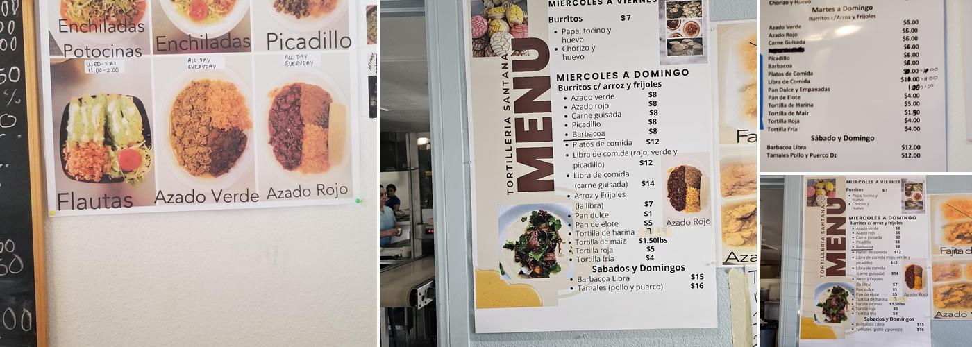 Tortilleria Santana Menu