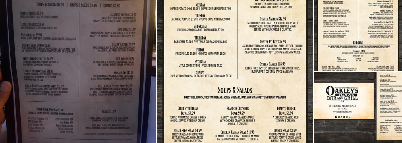 Oakley's Texas Bar and Grill Menu