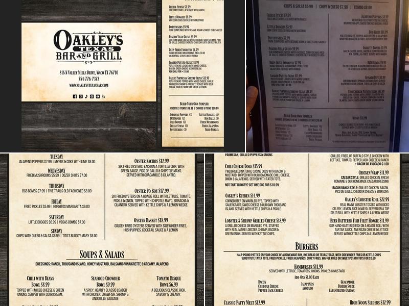 Oakley's Texas Bar and Grill Menu