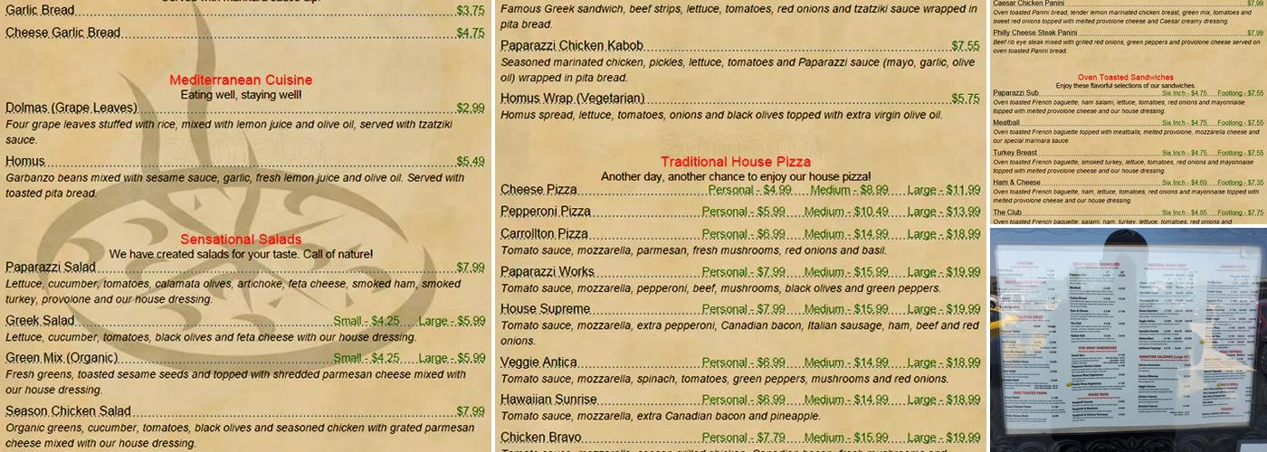 Paparazzi Pizza Menu