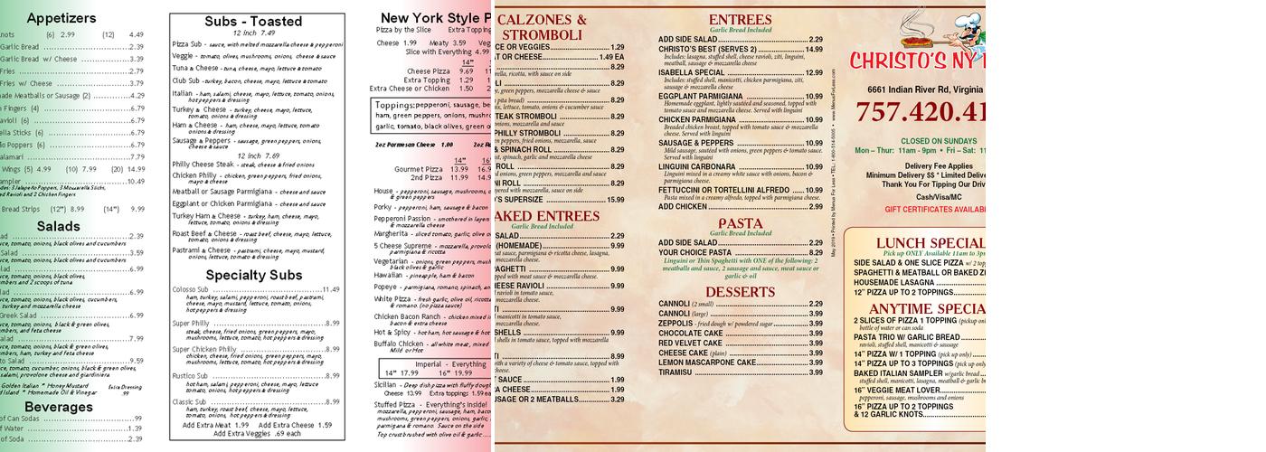 Christo's NY Pizza Menu
