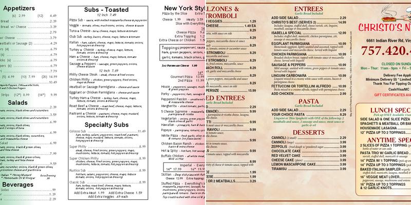 Christo's NY Pizza Menu