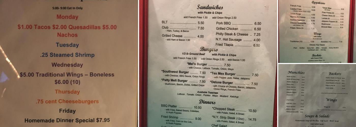 Mel's Place Menu