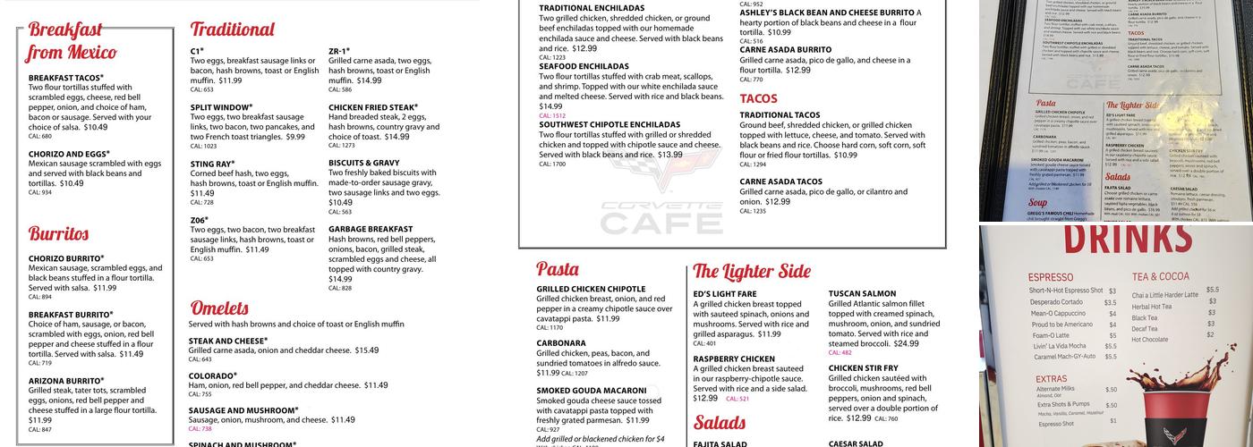 Corvette Cafe Menu