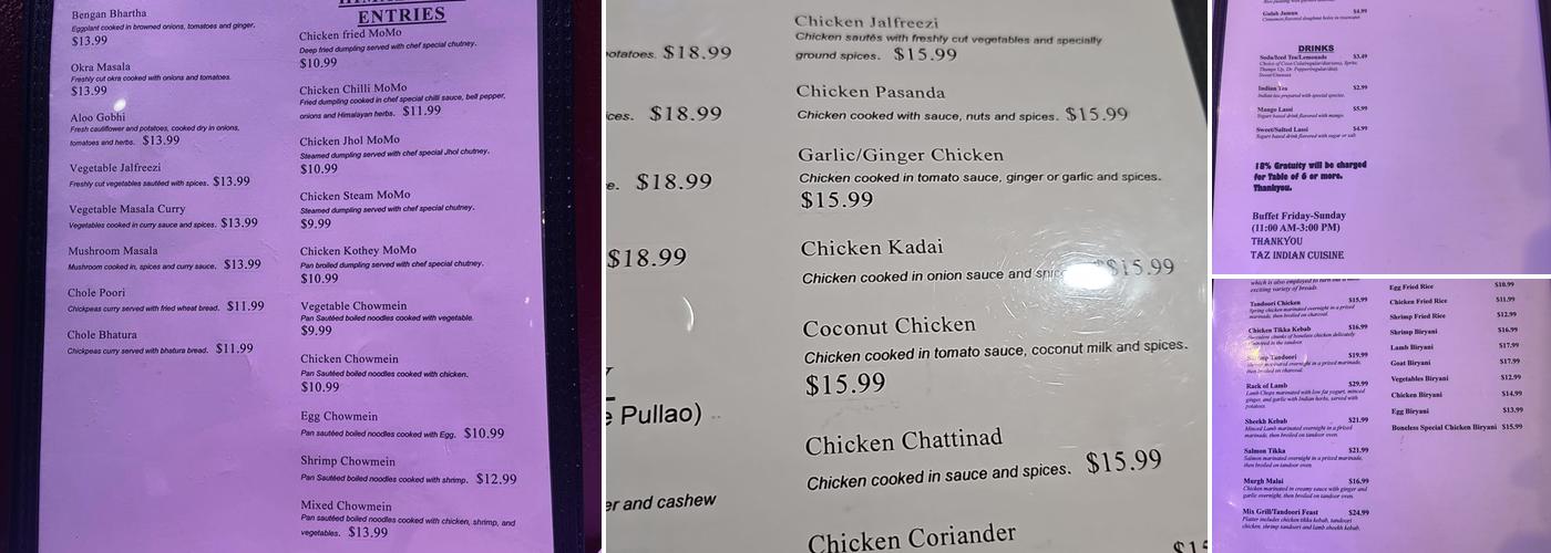 TAZ GRILL N BAR INDIAN RESTAURANT Menu