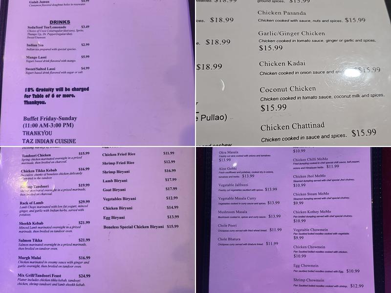 TAZ GRILL N BAR INDIAN RESTAURANT Menu