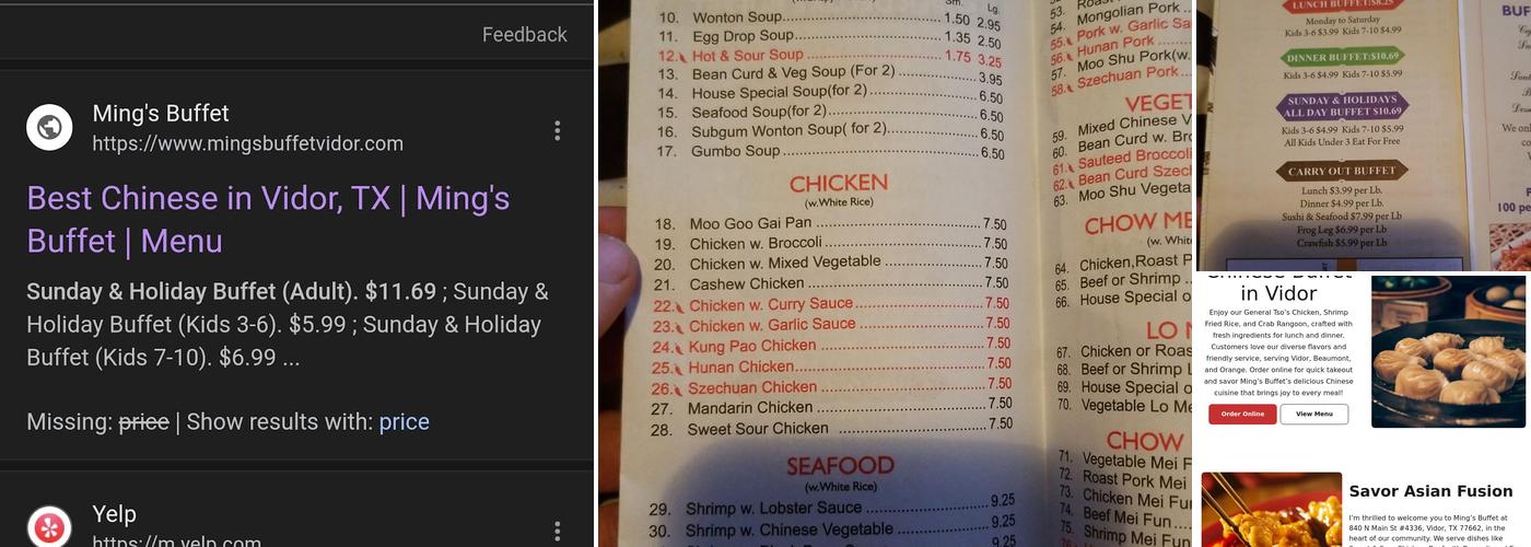 Ming's Buffet Menu