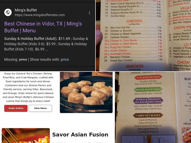 Ming's Buffet Menu