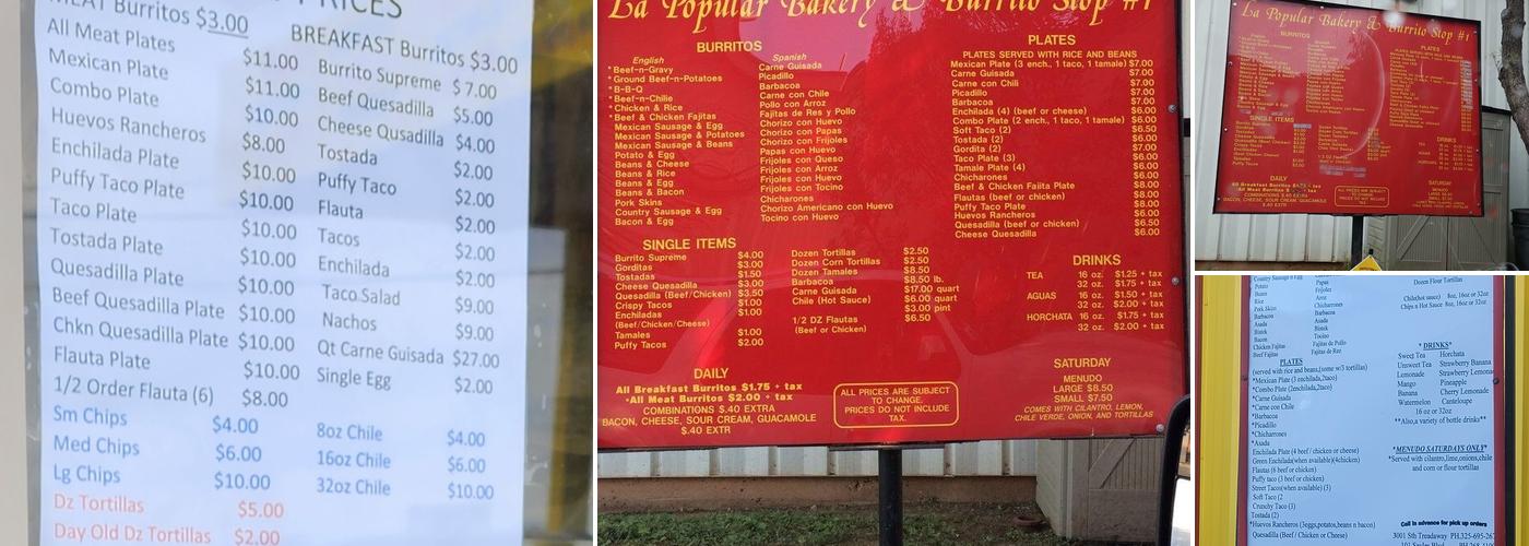 La Popular Bakery Burrito Stop Menu