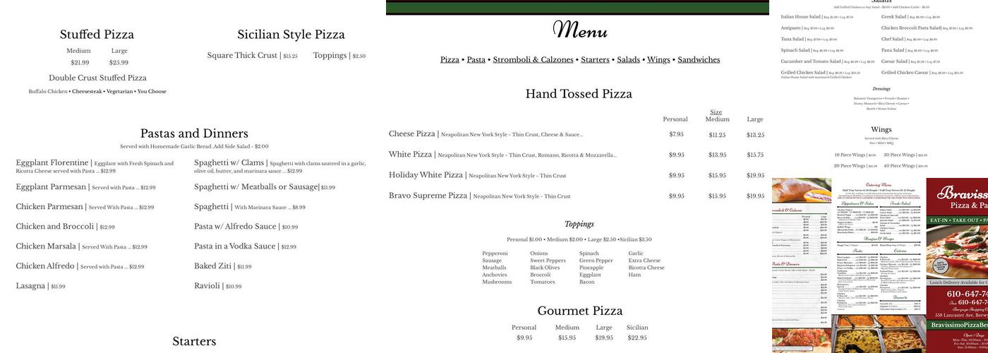 Bravissimo Pizza & Pasta Menu