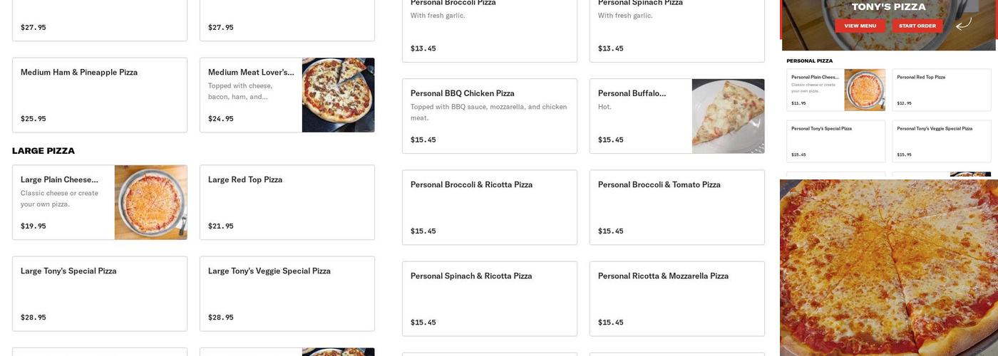 Tony's Pizza and Pasta Menu