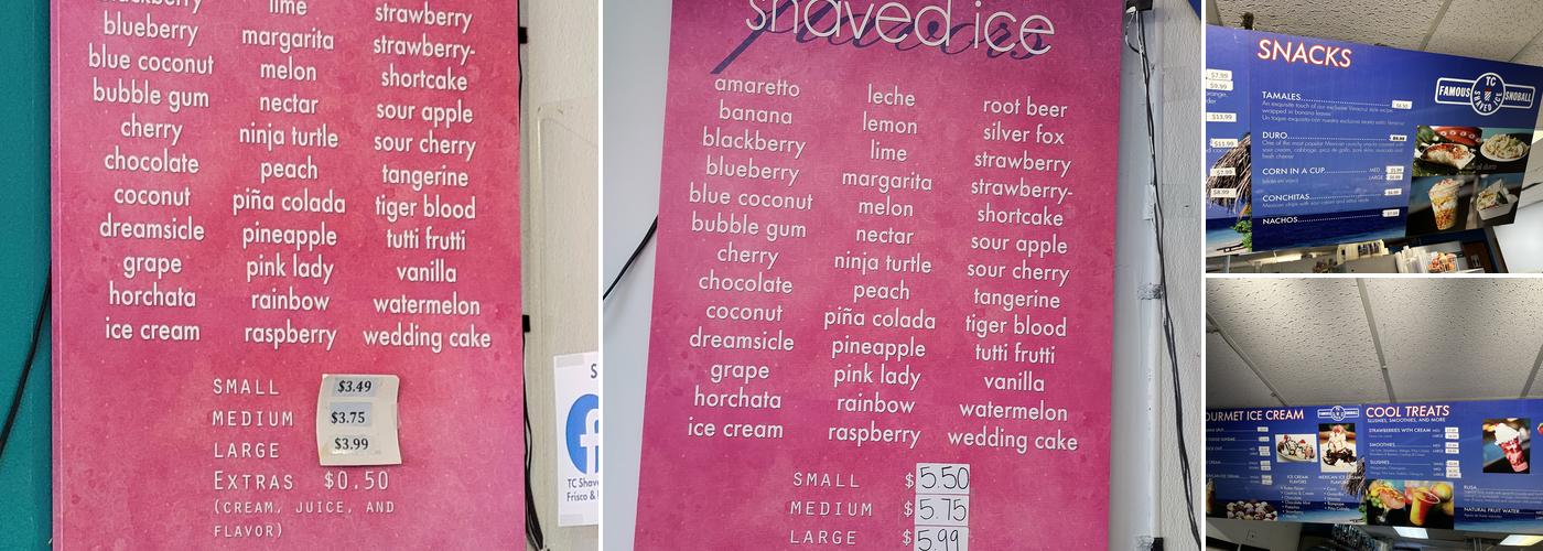 T C Shaved Ice Menu