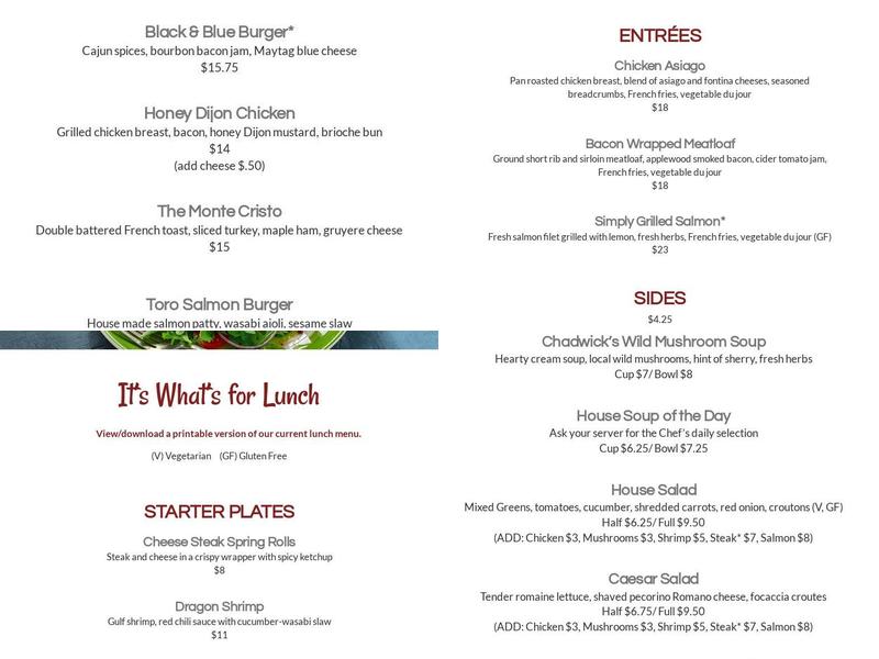 Chadwick's Restaurant and Bar Menu