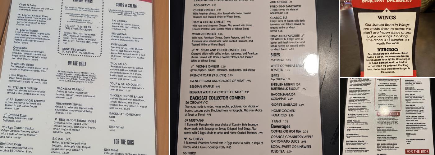 Backseat Bar and Grill Menu